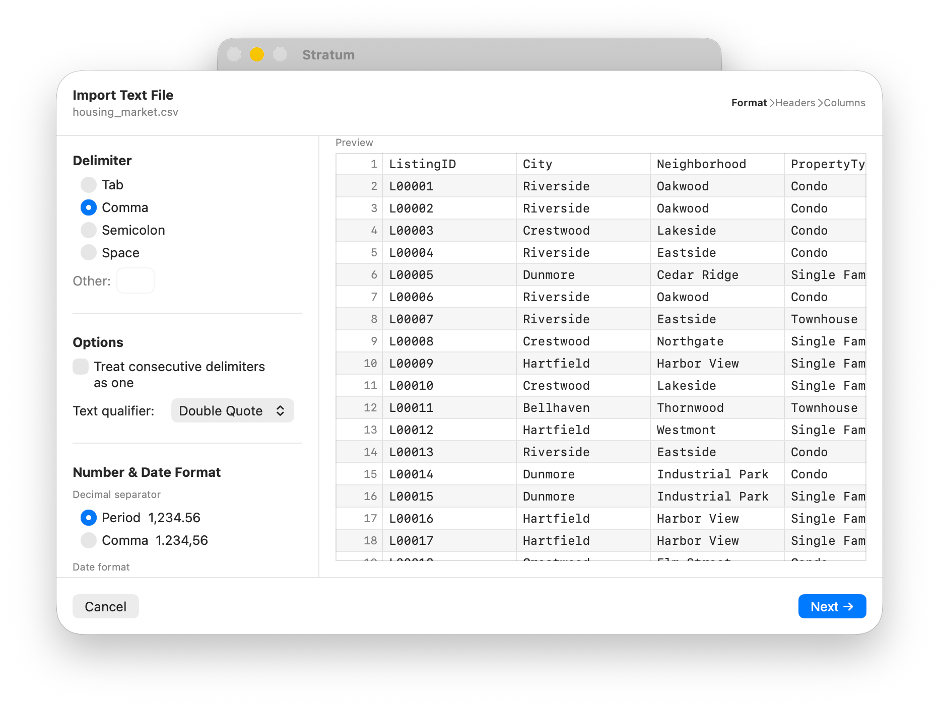 The optional Stratum import wizard for fine-grained import control