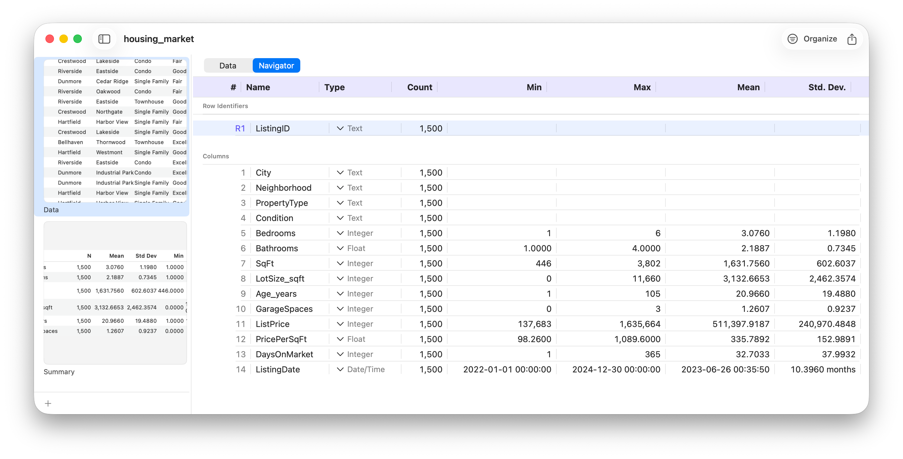 Column headers showing numeric versus categorical type indicators
