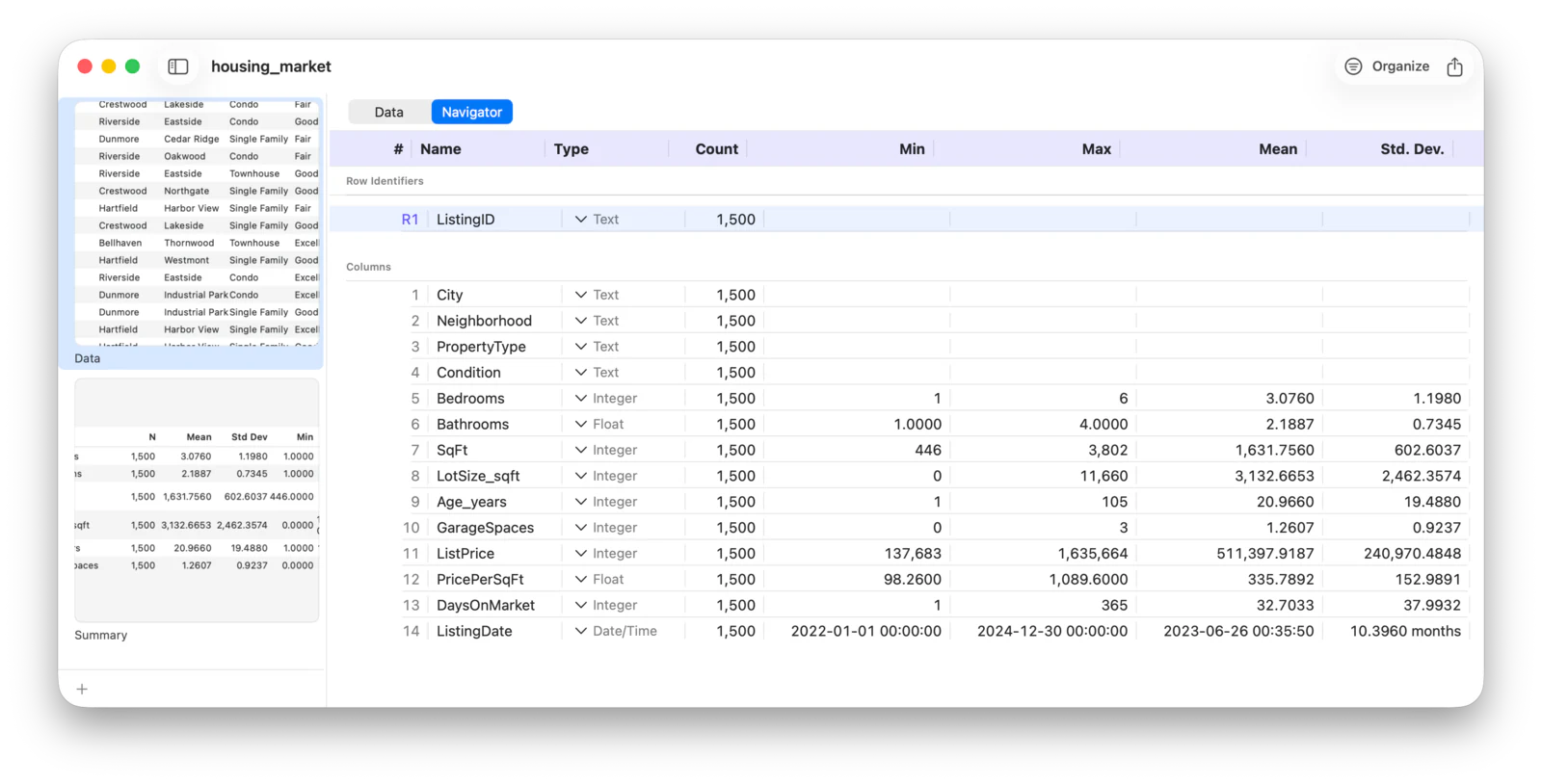 Column headers showing numeric versus categorical type indicators