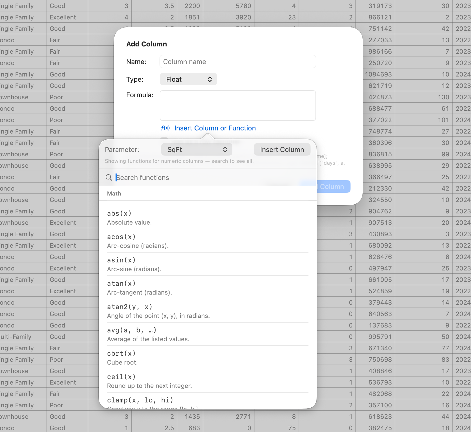The Functions reference popover listing available functions