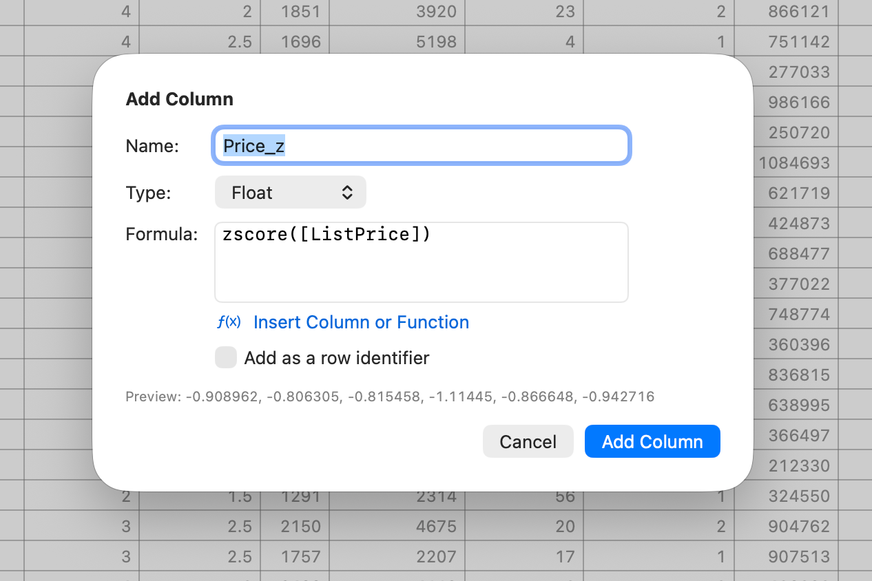 A standardized z-score column