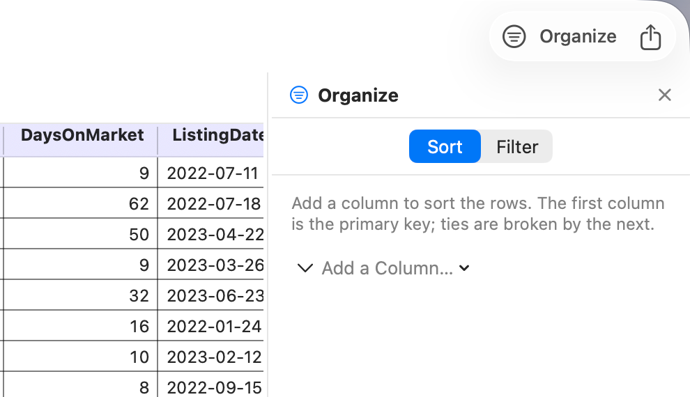 The Filter Inspector docked beside the data grid