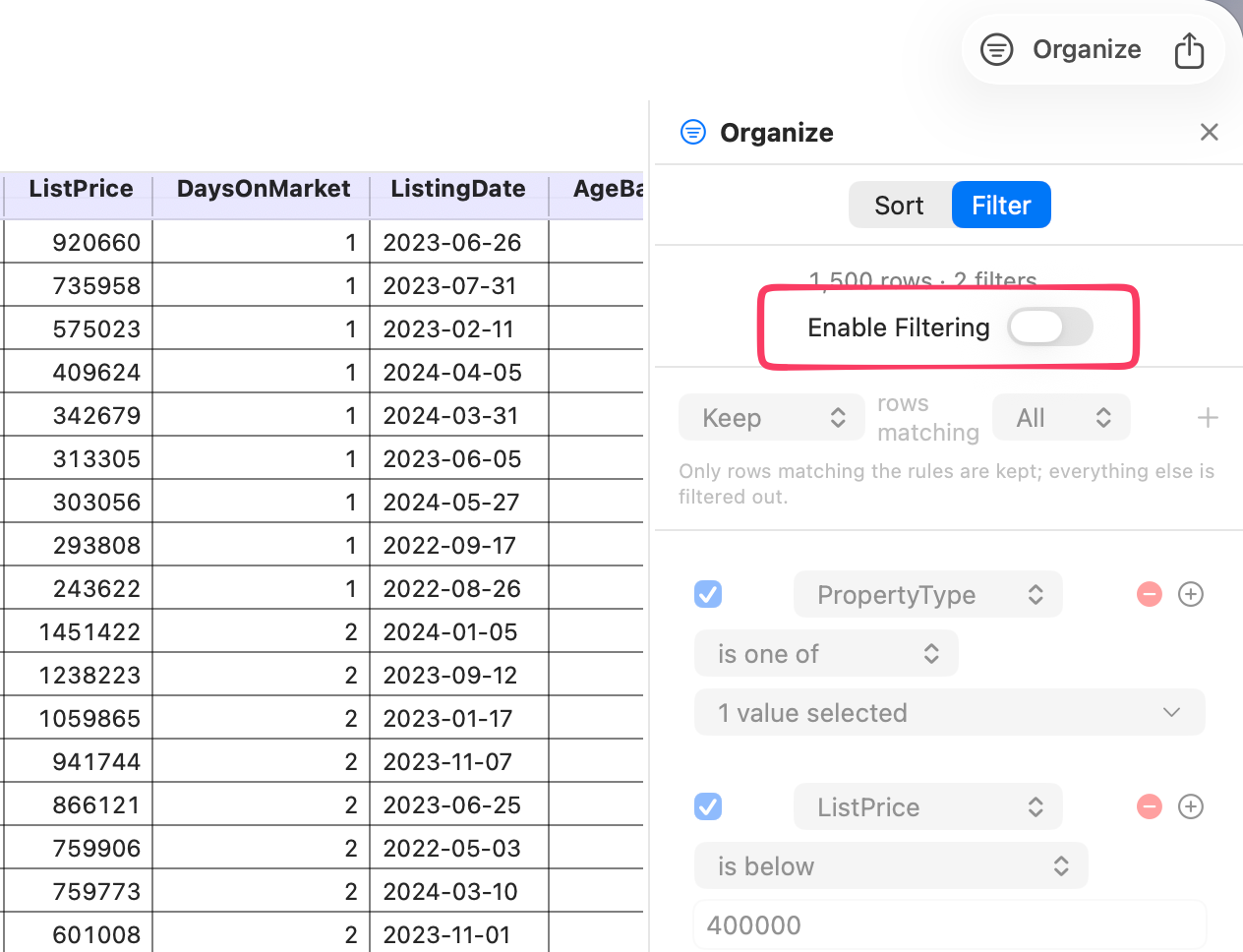 The master filters-enabled toggle