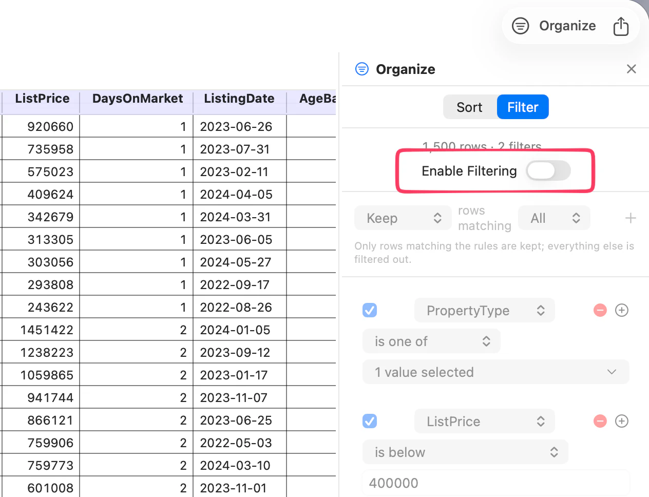 The master filters-enabled toggle