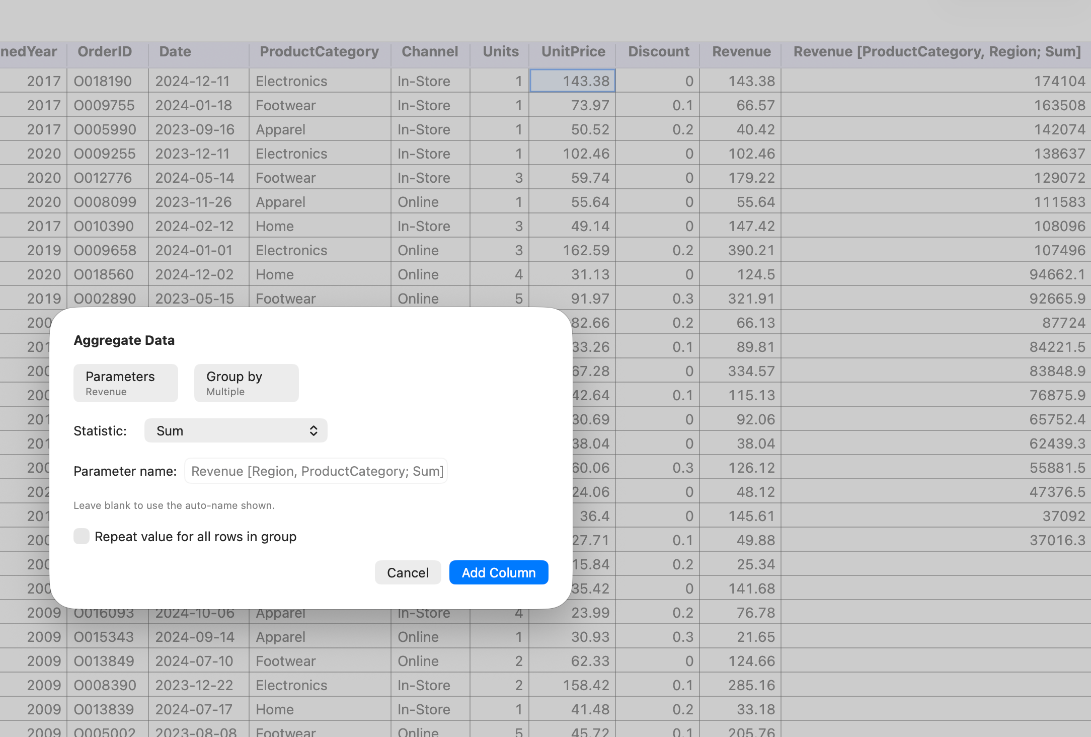 Aggregating summed revenue by region and product category