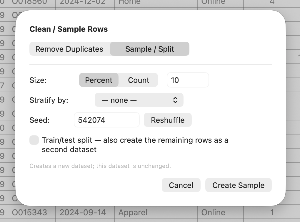 Drawing a 10% random sample into a new dataset