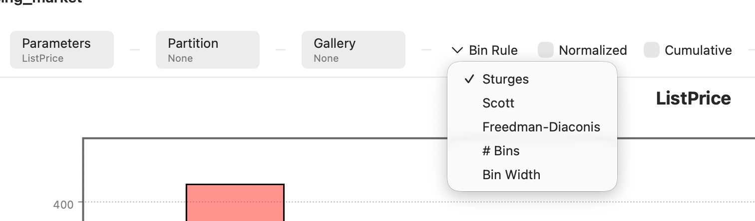 Adjusting the bin count in the histogram control bar