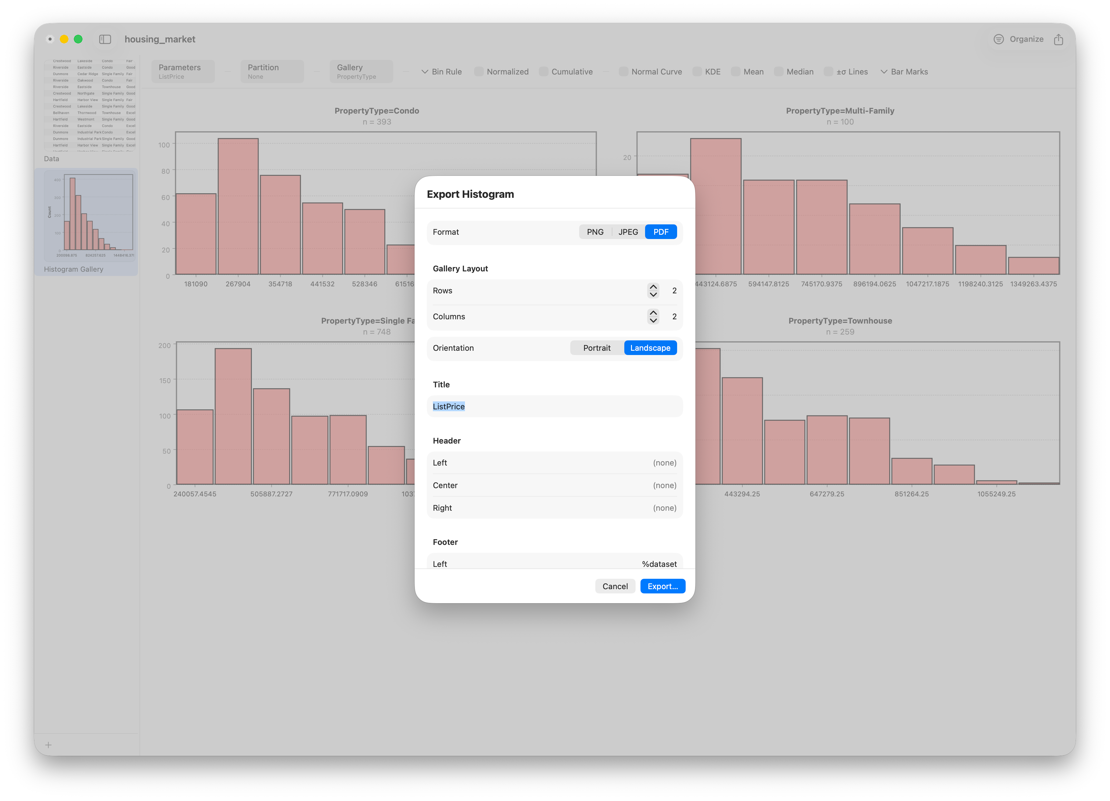Exporting the histogram to PDF