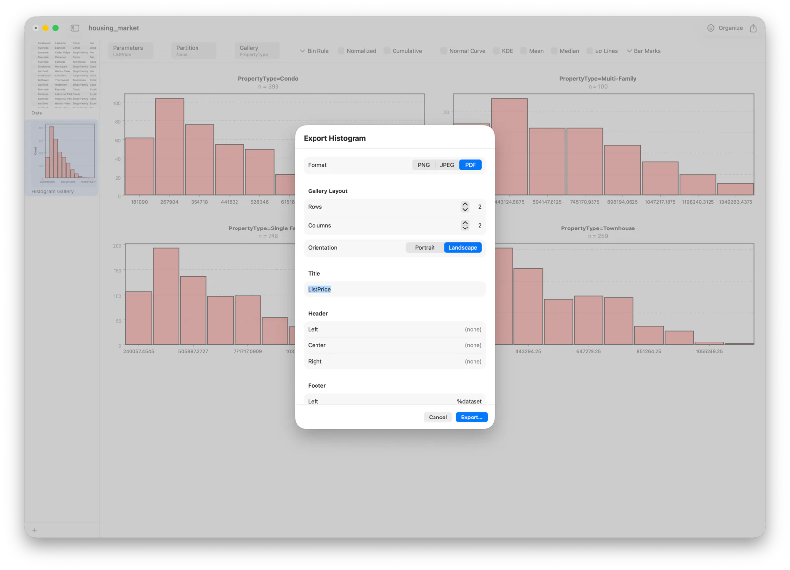 Exporting the histogram to PDF