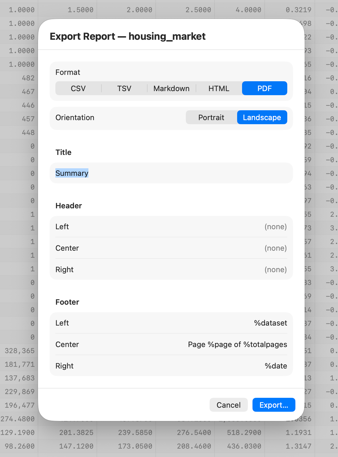 The report export menu offering CSV, TSV, Markdown, HTML and PDF