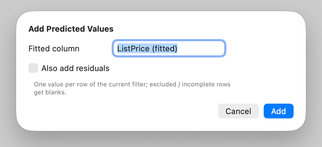 Adding a predicted-value column from the regression model