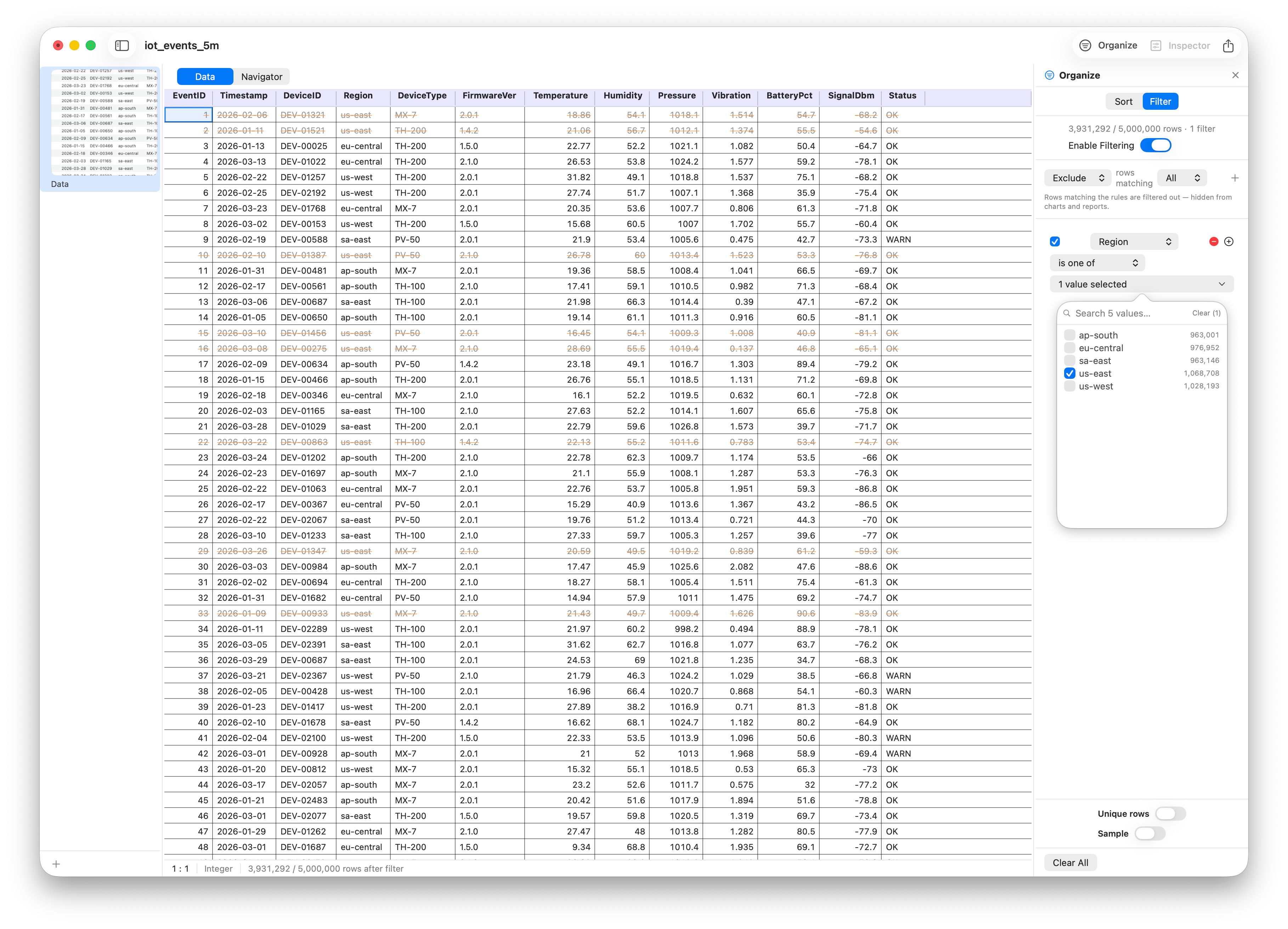 Fast filtering on five million rows